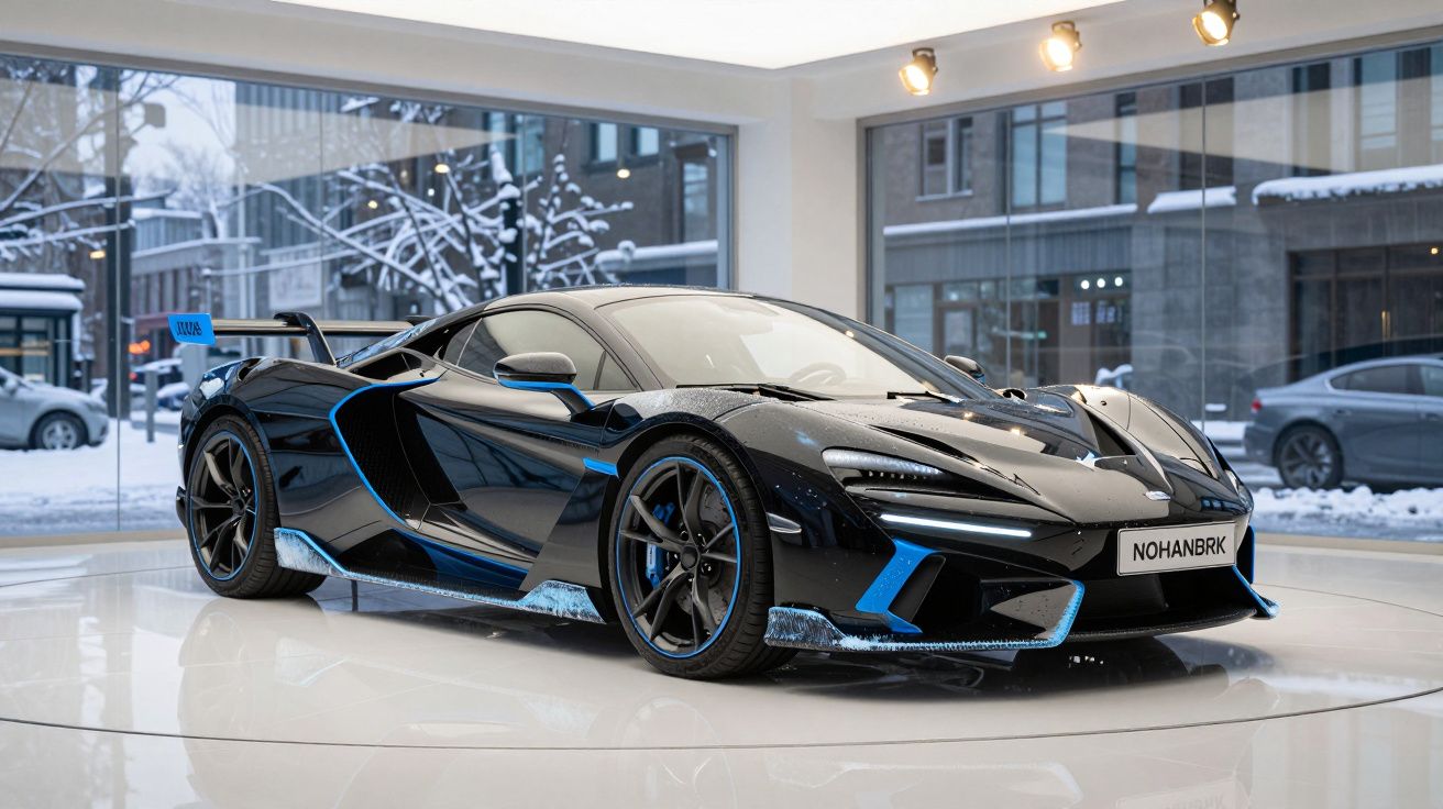 Carro esportivo preto com detalhes azuis exposto em showroom moderno com janelas e neve do lado de fora.