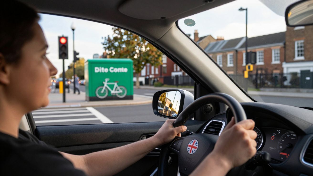 Pessoa dirigindo carro com volante decorado pela bandeira do Reino Unido, parado em semáforo vermelho.
