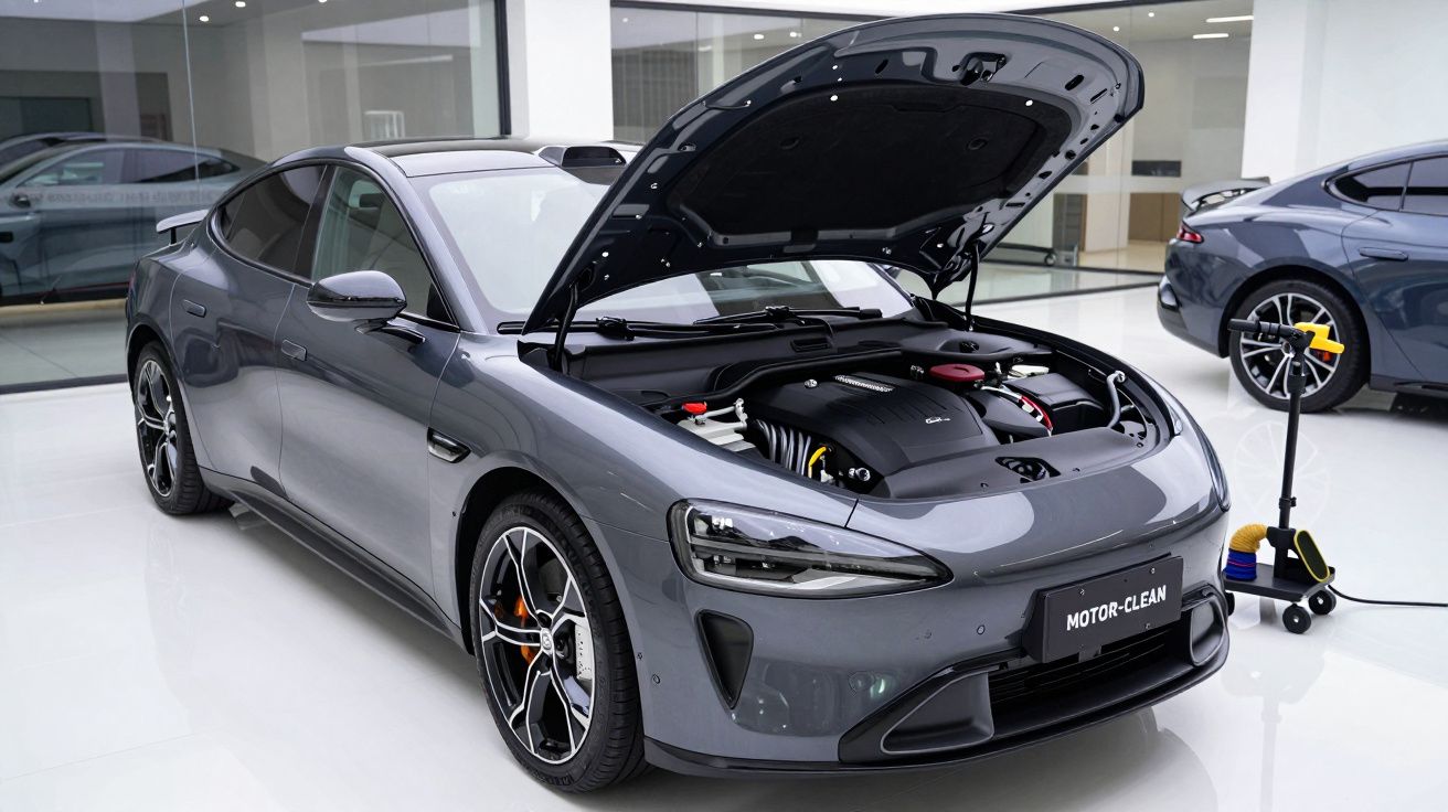 Carro elétrico cinza com capô aberto mostrando o motor em ambiente interno moderno e limpo.