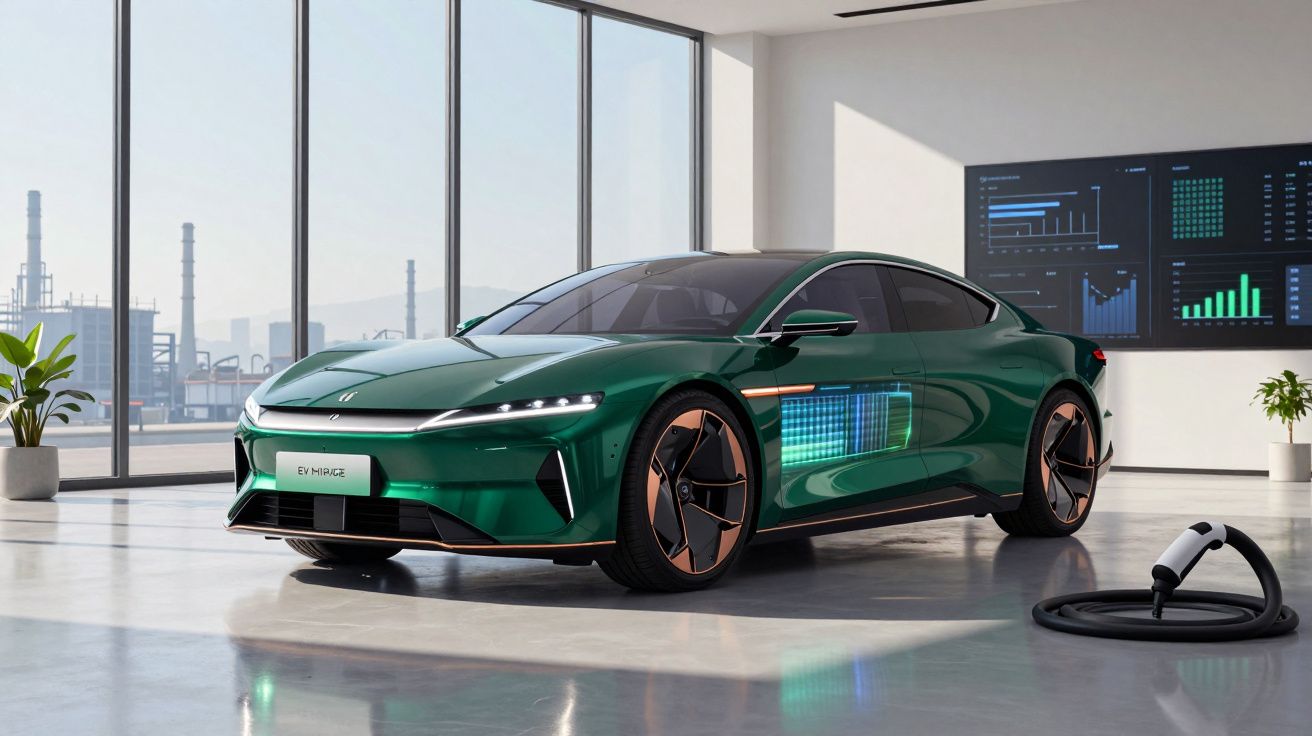 Carro elétrico verde carregando em garagem moderna com janelas grandes e painéis digitais na parede.