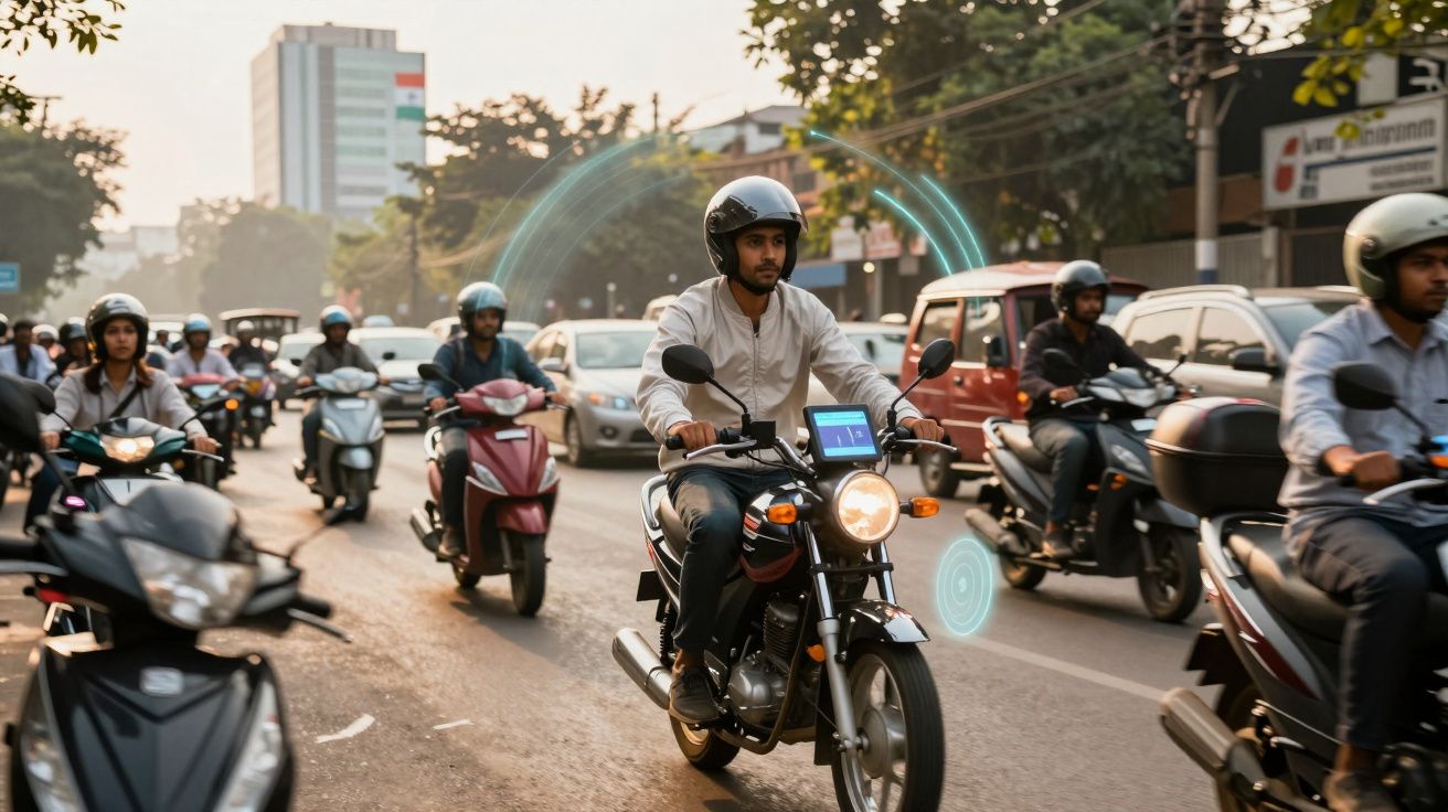 Homem de capacete pilotando motocicleta em tráfego urbano movimentado com carros e outras motos.