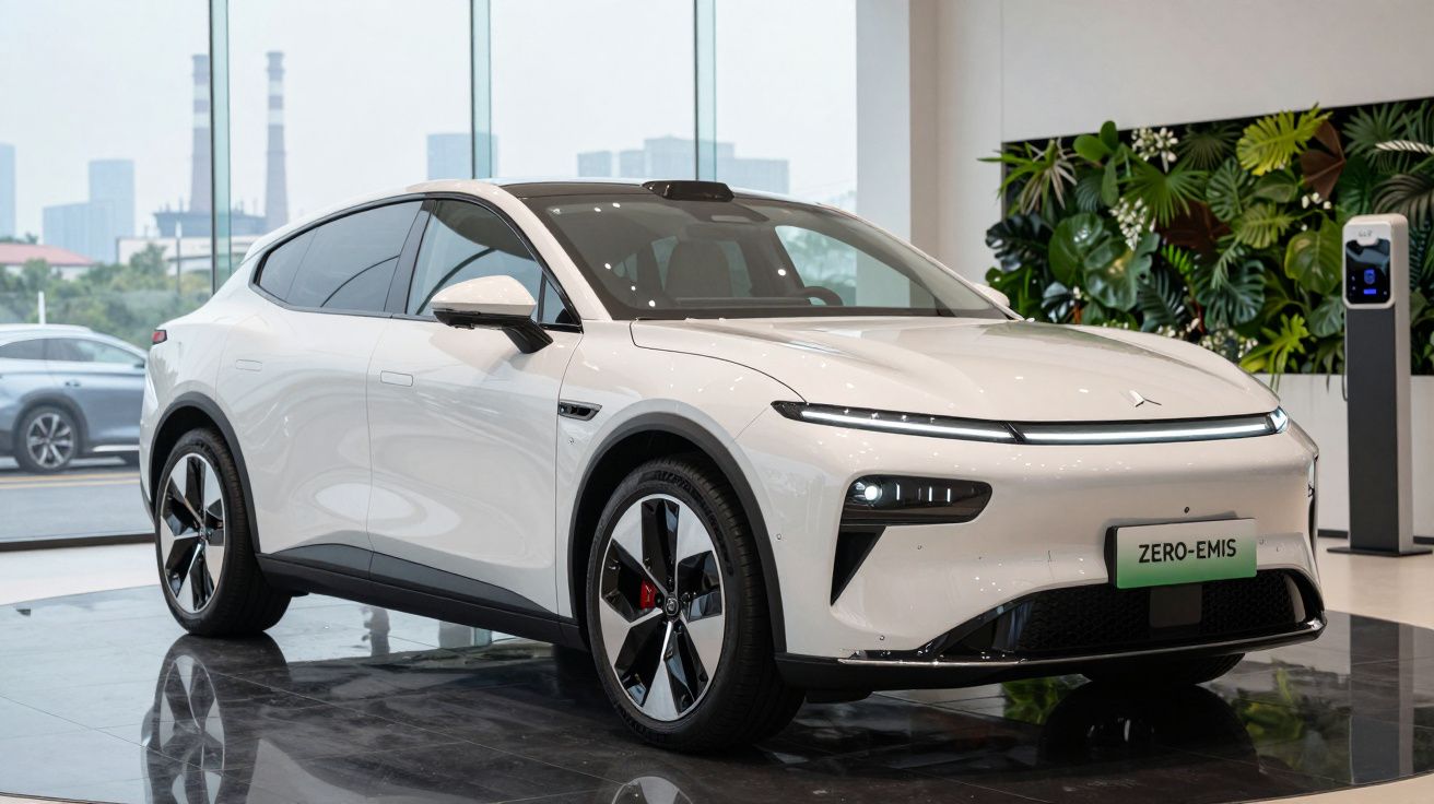 Carro elétrico branco em showroom com placa "Zero Emis" e parede de plantas ao fundo.