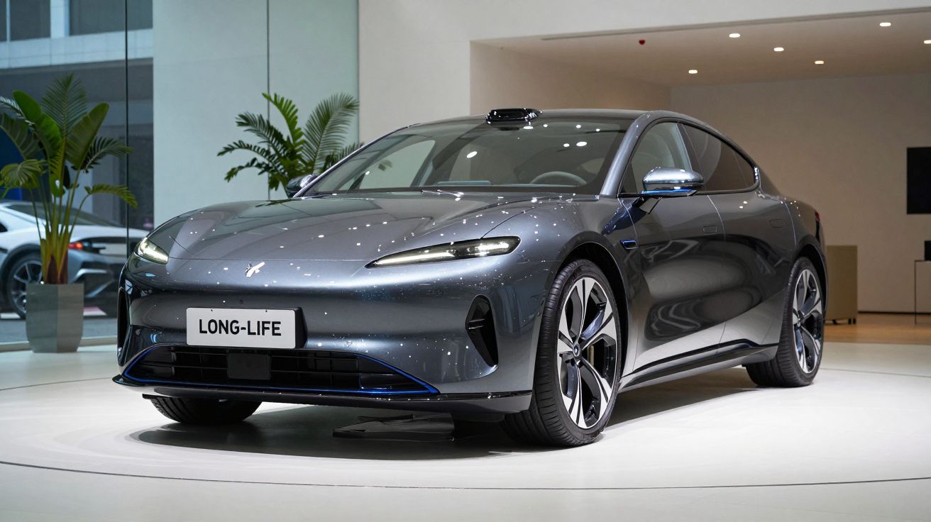 Carro esportivo elétrico cinza escuro exposto em ambiente interno moderno com plantas ao fundo.