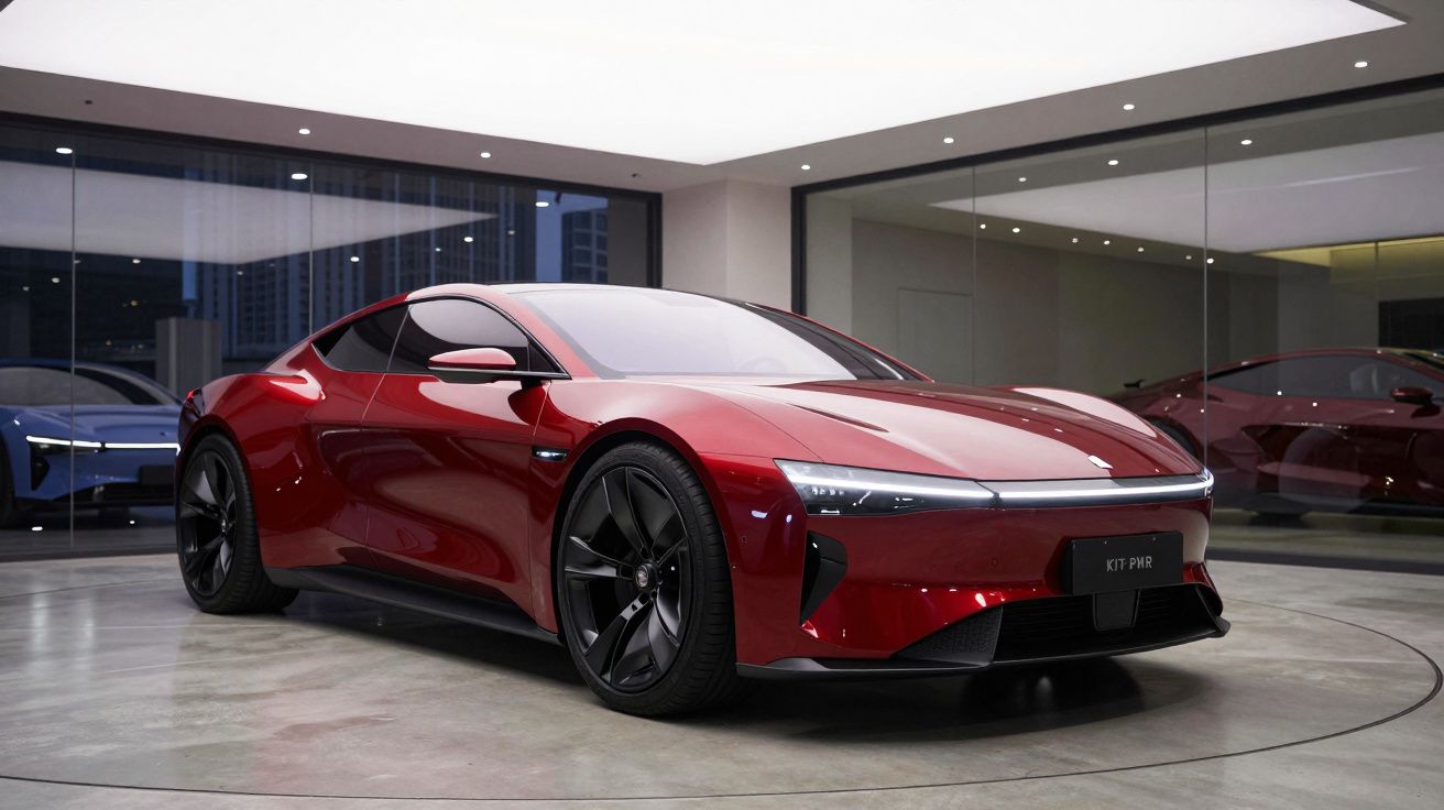 Carro esportivo elétrico vermelho em showroom moderno com piso cinza e paredes de vidro.