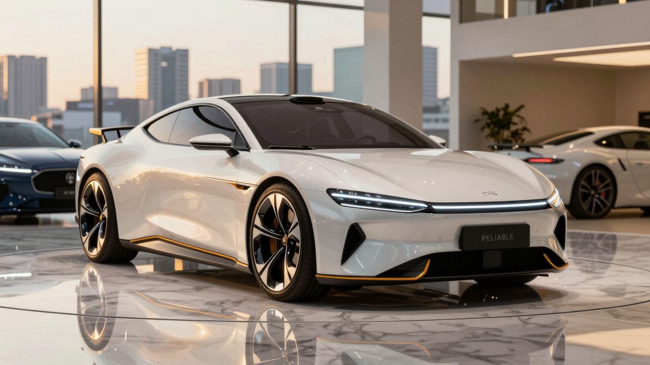 Carro esportivo elétrico branco em showroom moderno com piso de mármore e cidade ao fundo.