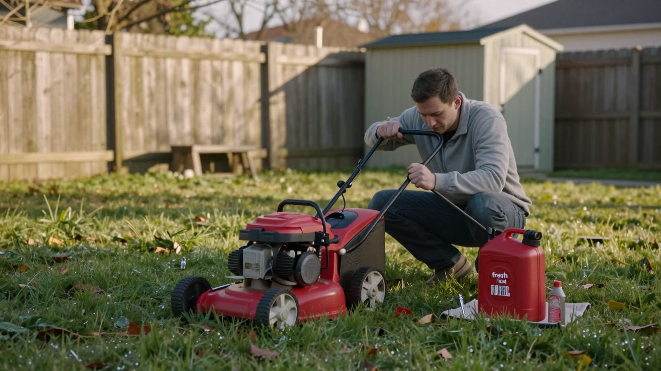 Homem agachado ajustando cortador de grama vermelho em jardim com galões de combustível ao lado.