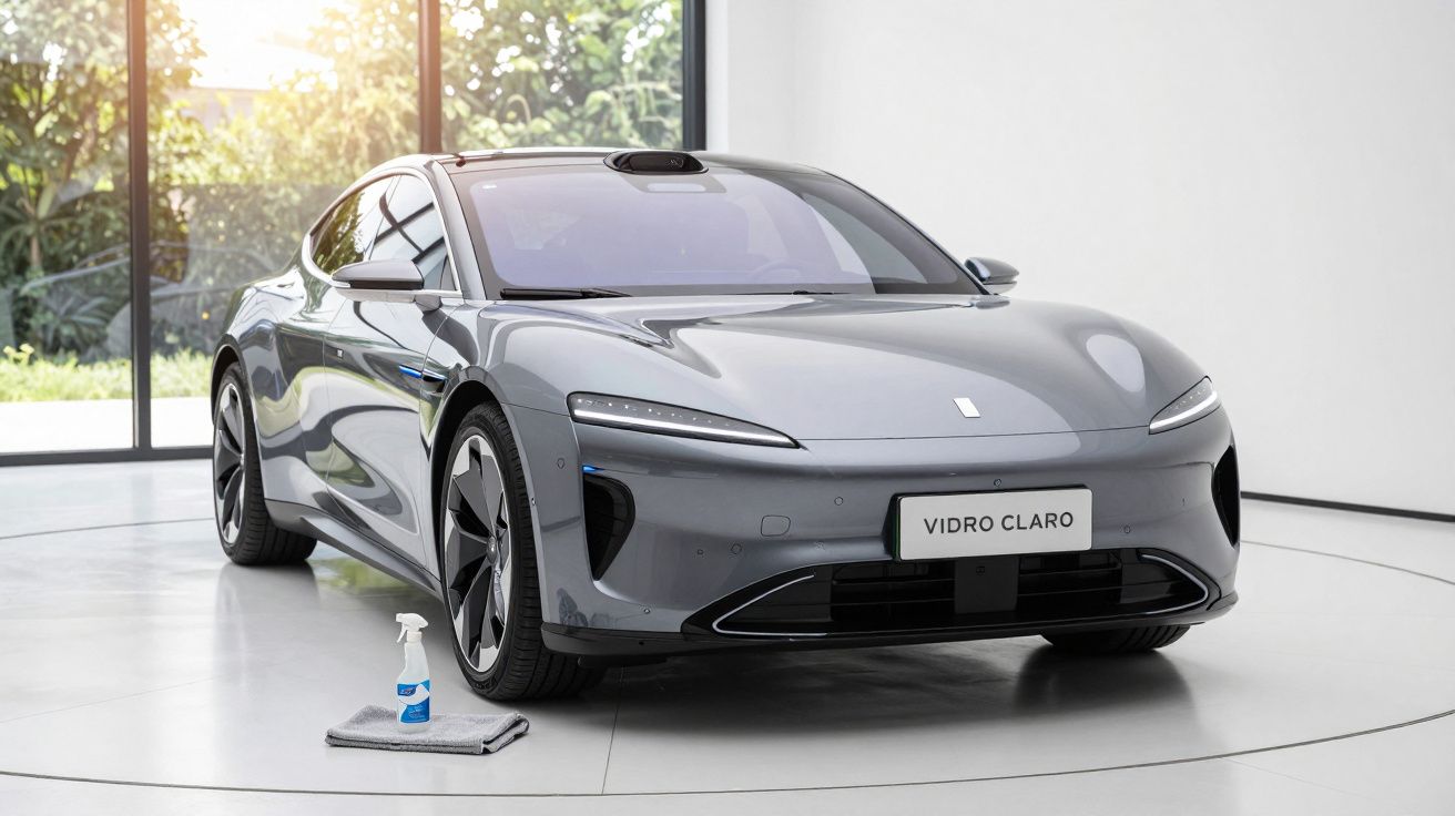 Carro elétrico cinza em ambiente interno com frasco de vidro e pano no chão ao lado.