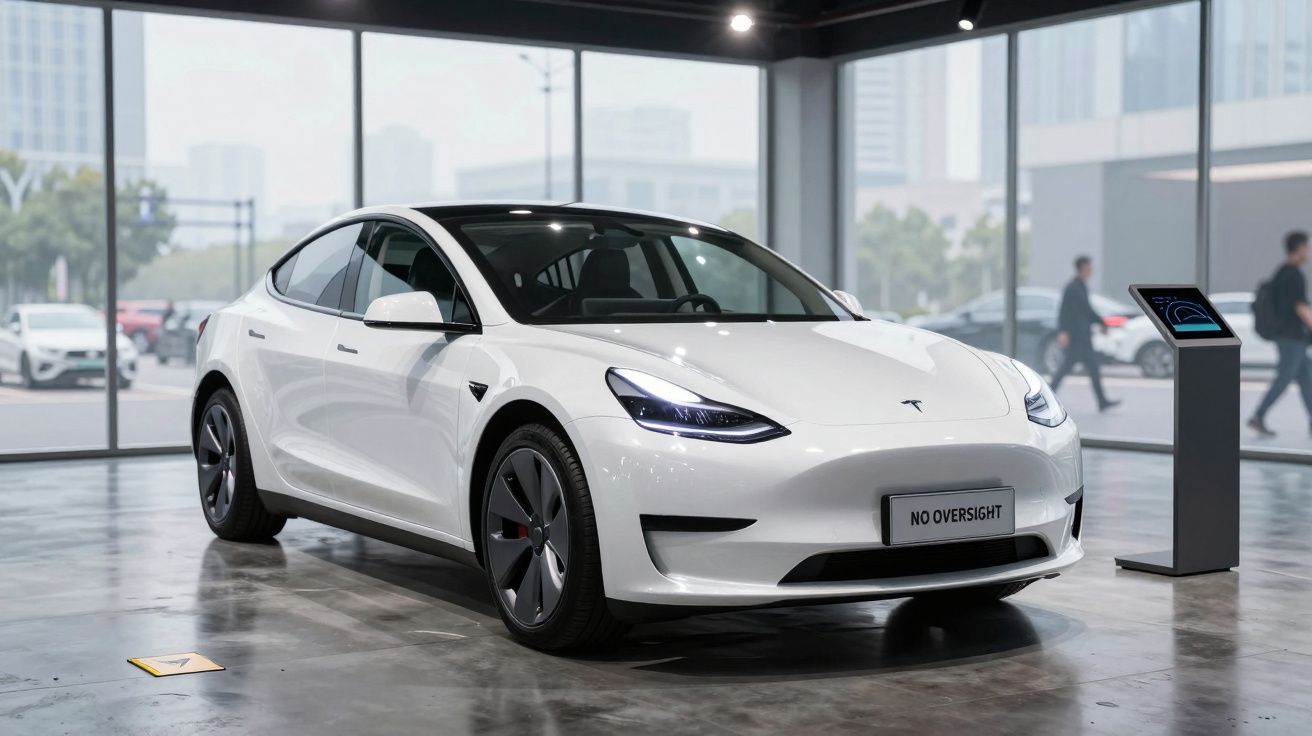 Carro elétrico branco Tesla Model 3 exibido em showroom moderno com grande janela e pessoas ao fundo.