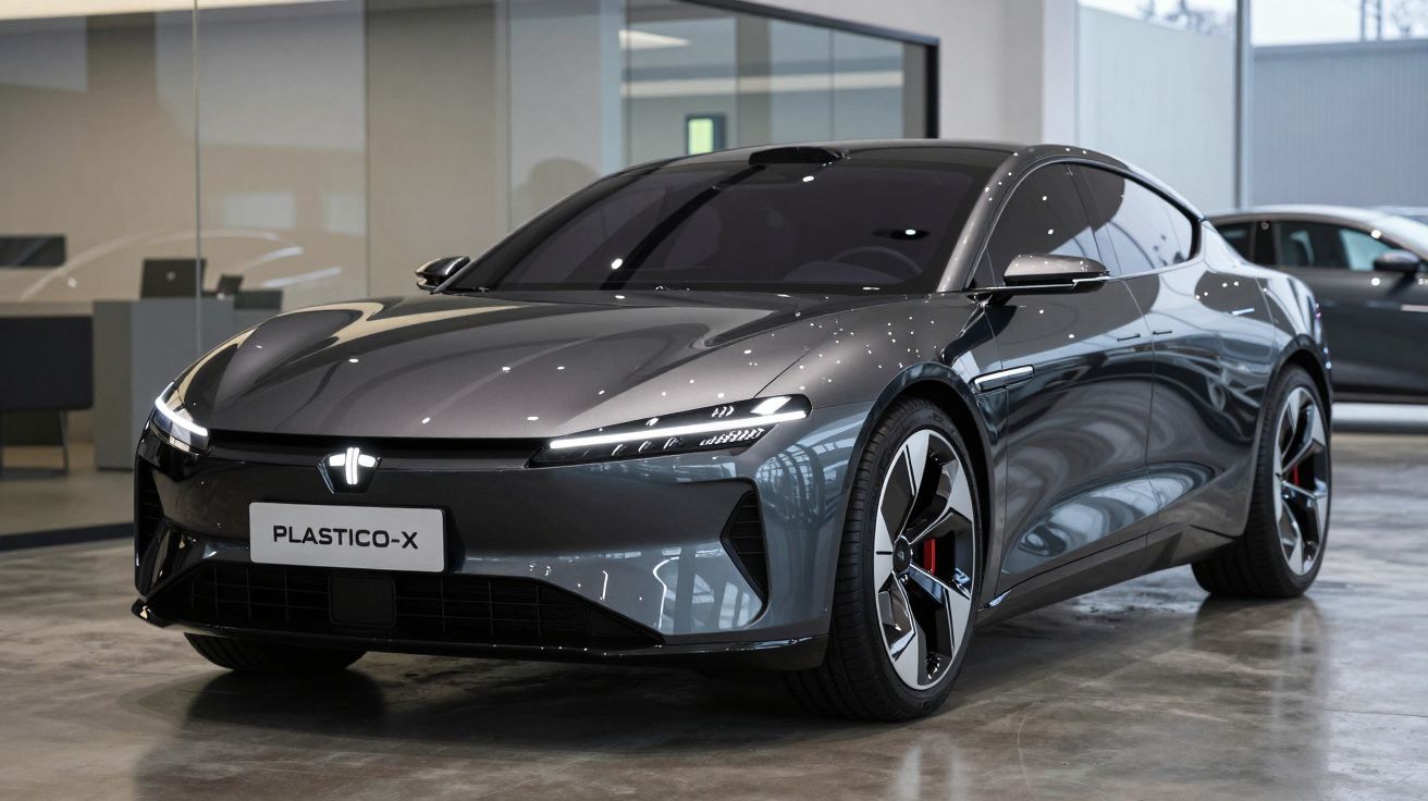 Carro elétrico cinza moderno modelo PLASTICO-X em exposição dentro de showroom com piso refletivo.