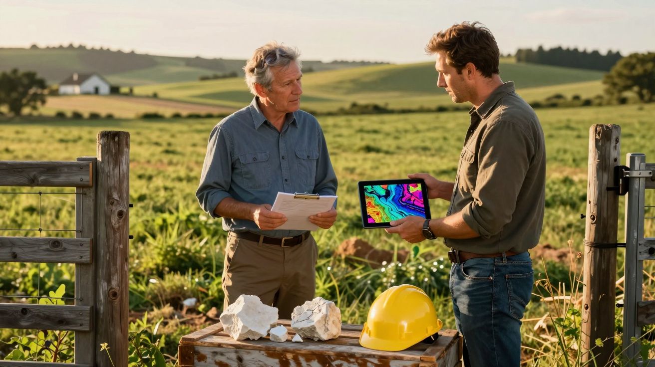 Dois homens discutem dados geológicos em uma fazenda, com capacete amarelo e rochas sobre uma mesa de madeira.
