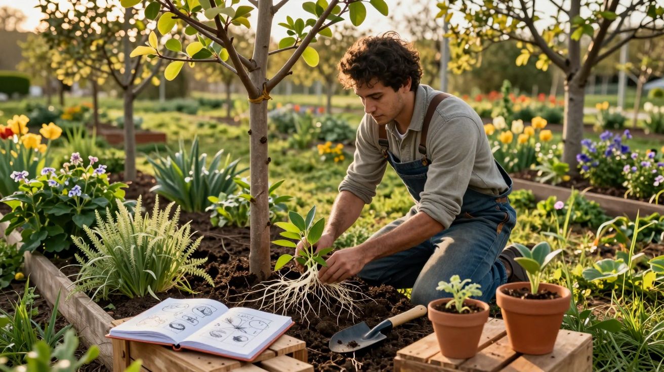 Homem jovem planta muda ao lado de árvores em jardim com flores e ferramentas de jardinagem.