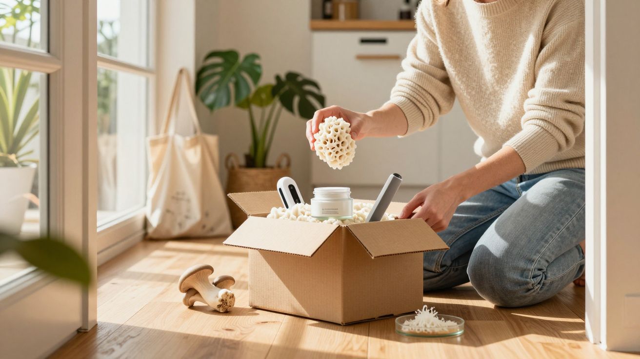 Pessoa desempacotando itens de cuidado pessoal em sala iluminada, com planta ao fundo.