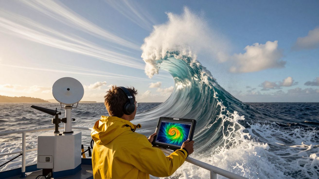 Pessoa com capa amarela e fone monitora tempestade em tablet enquanto vê onda gigante azul no mar.