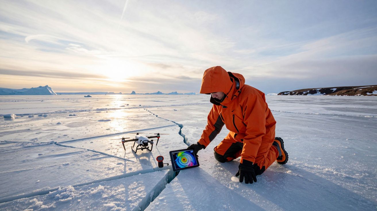Pessoa com roupa laranja operando drone em superfície congelada com fenda e pôr do sol ao fundo.