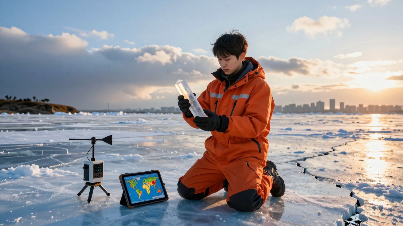 Jovem em macacão laranja realiza pesquisa com instrumentos em superfície congelada ao pôr do sol.