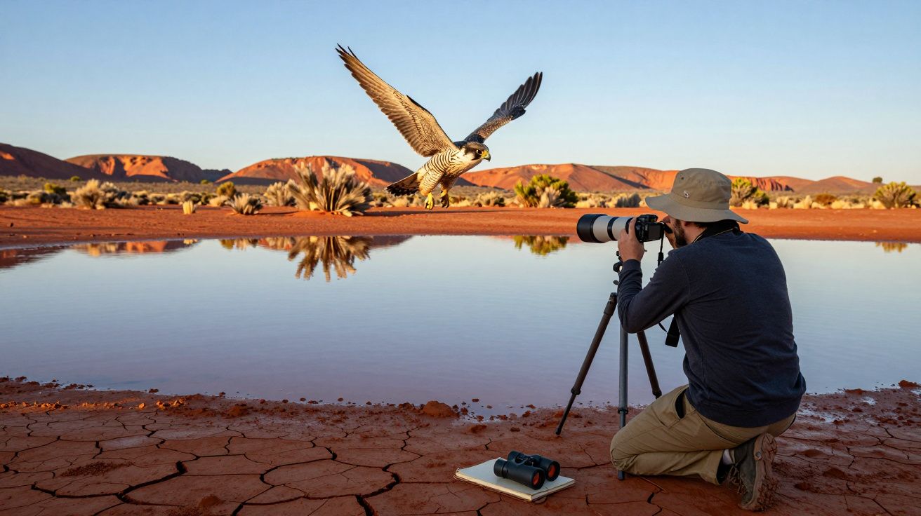 Fotógrafo de vida selvagem registrando falcão em voo próximo a lagoa em ambiente árido ao entardecer.