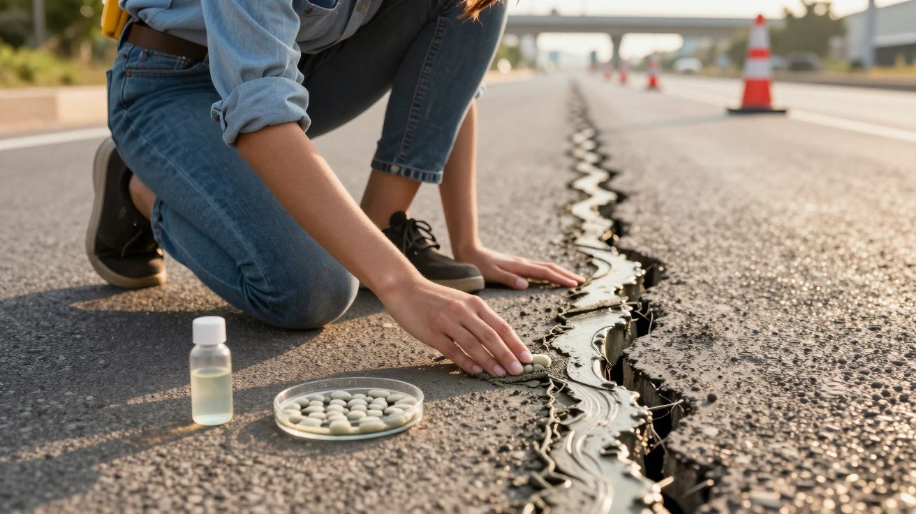 Pessoa ajoelhada na estrada reparando uma grande fissura no asfalto com materiais de conserto.