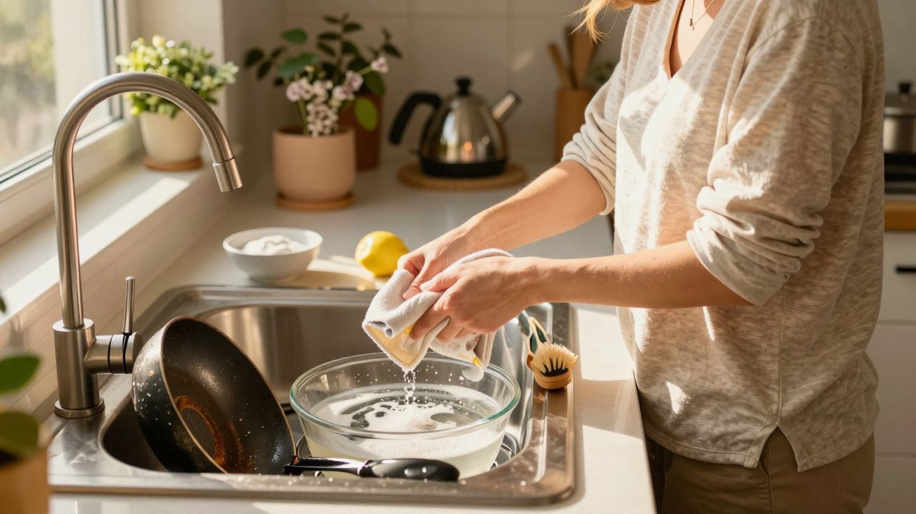 Pessoa lavando prato na pia da cozinha com luz natural entrando pela janela.