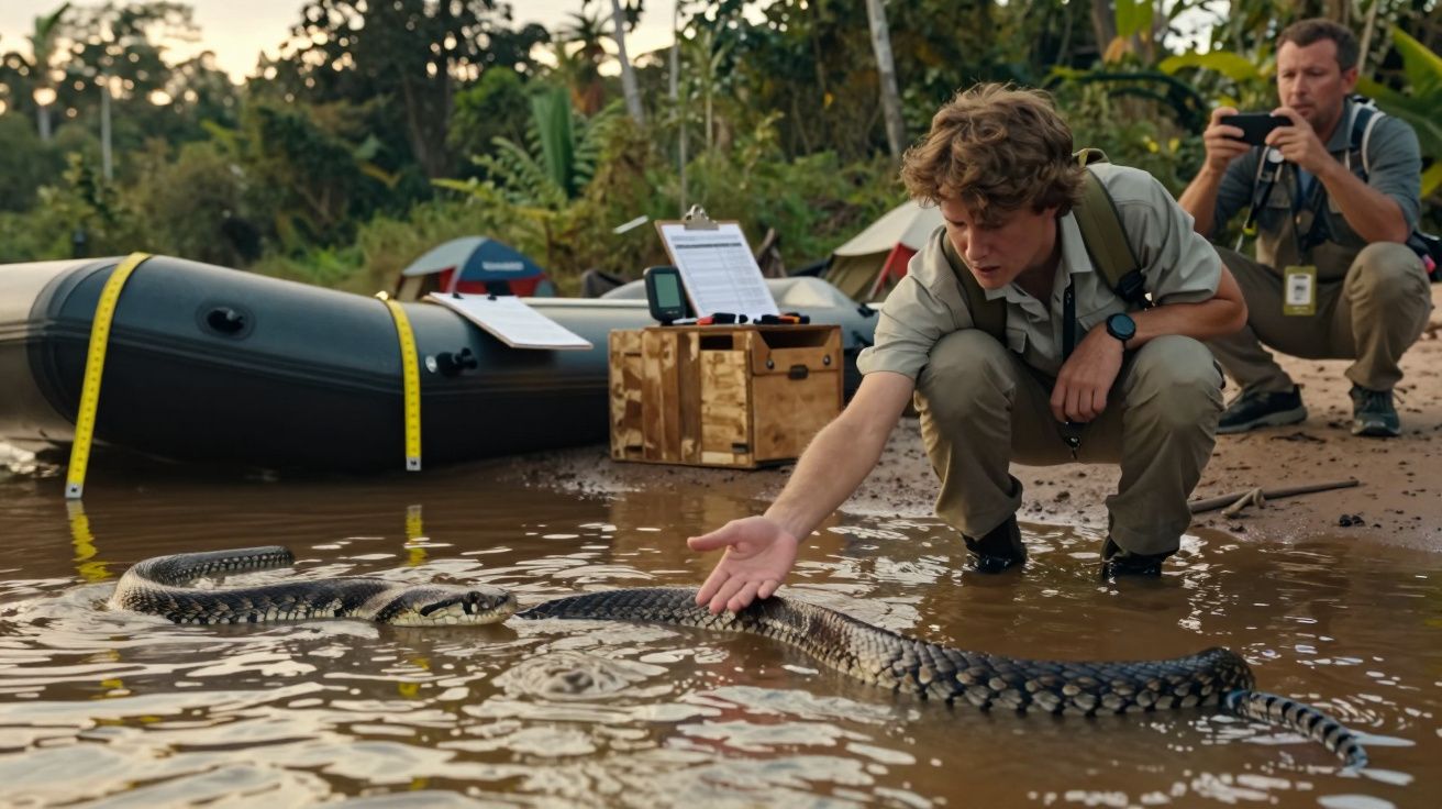 Pessoa abaixada toca em uma cobra grande em água rasa, com barco e outra pessoa ao fundo.