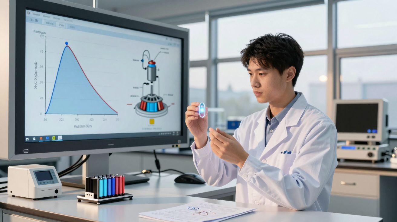 Cientista analisa componente circular em laboratório moderno com gráficos em tela ao fundo.