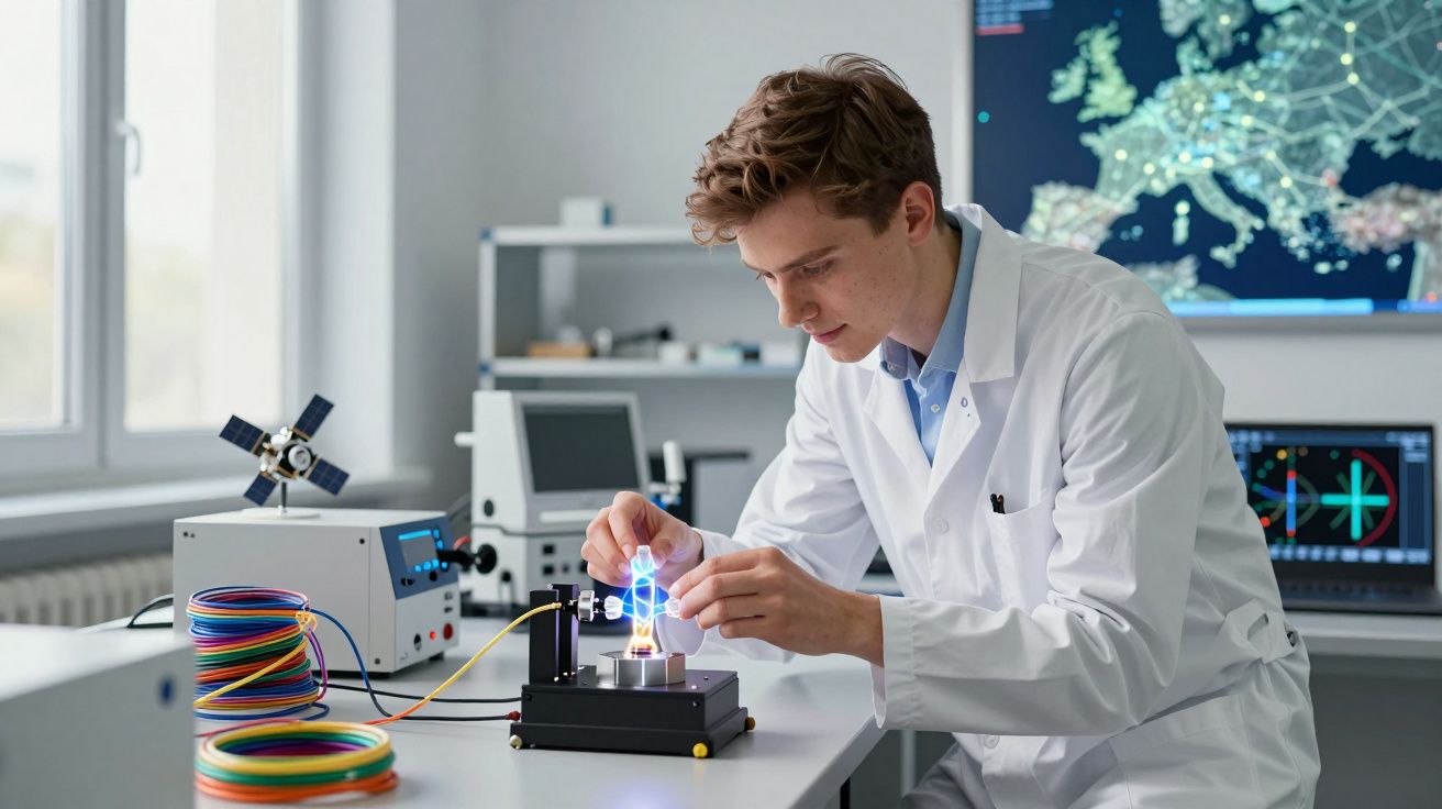 Jovem cientista manuseia equipamento tecnológico com luzes azuis em laboratório moderno com mapas no fundo.