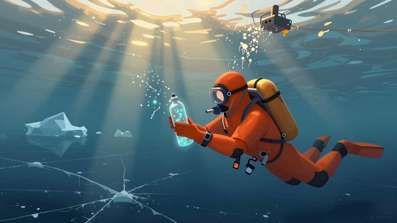 Mergulhador em traje laranja coleta uma garrafa flutuando sob a água, com luz solar penetrando a superfície.