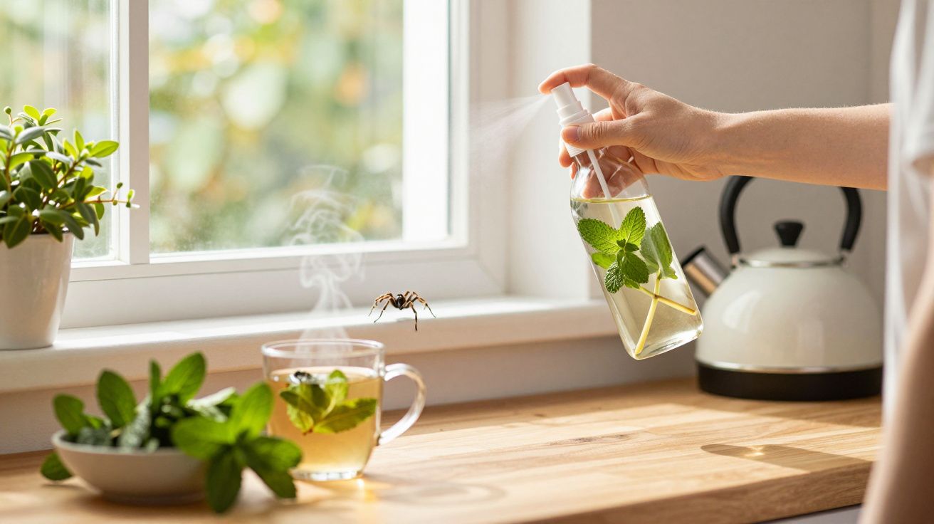 Mão borrifando planta em ambiente com xícara de chá de ervas e aranha voando perto da janela.