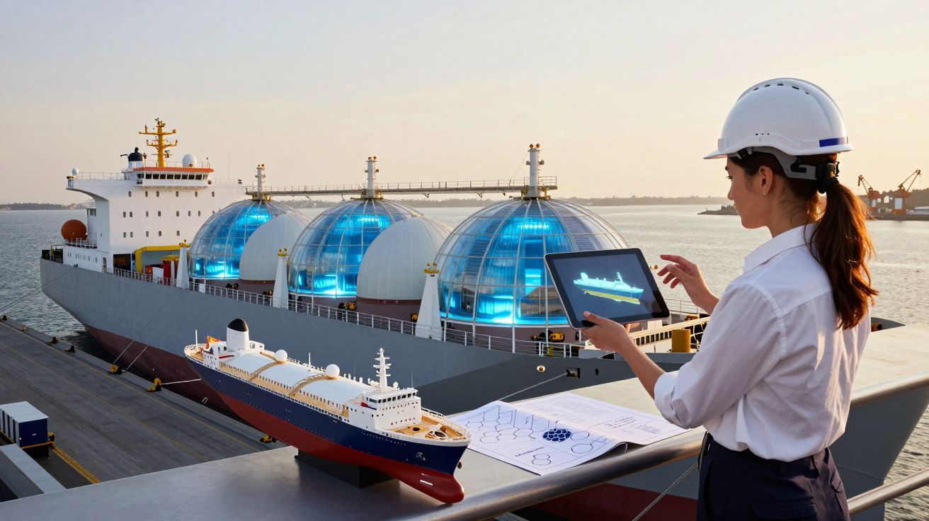 Mulher com capacete observa maquete de navio e tablet ao lado de navio tanque com esferas gasosas no porto.