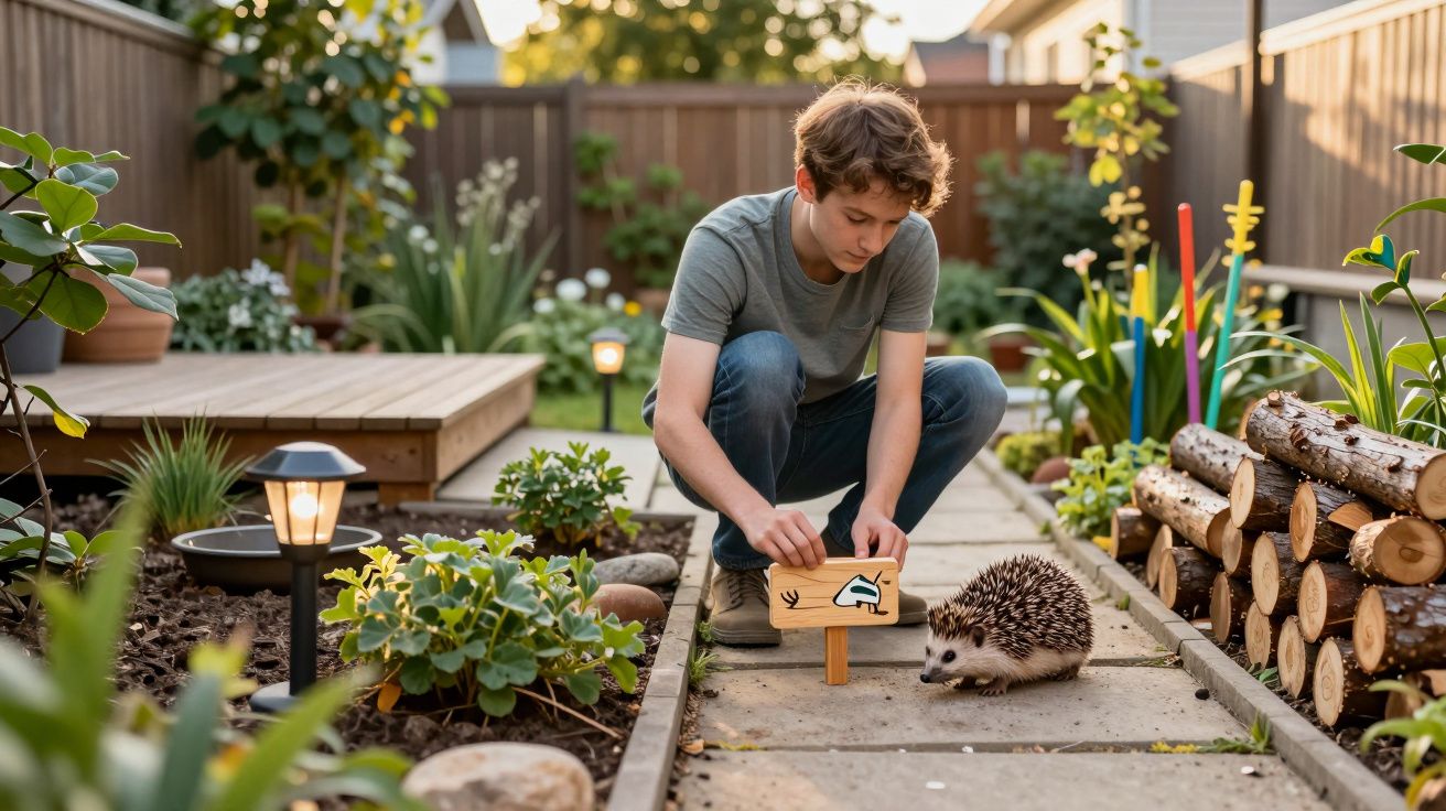 Menino coloca placa com sinal para pardal em caminho de jardim enquanto ouriço se aproxima.