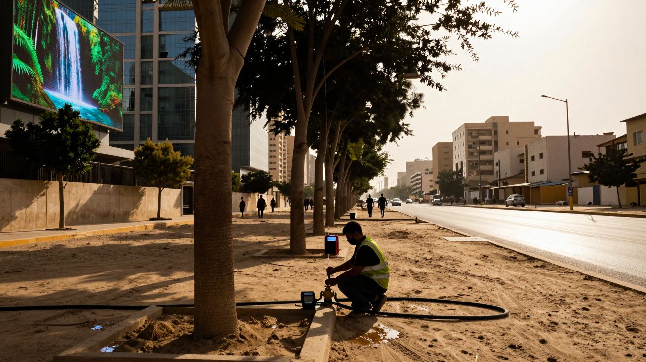 Homem com colete refletivo ajusta equipamento próximo a árvores em calçada de área urbana ensolarada.