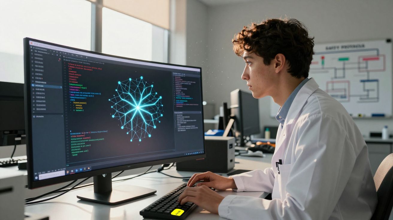 Jovem cientista em jaleco branco trabalhando em código de programação com visualização de rede neural no computador.