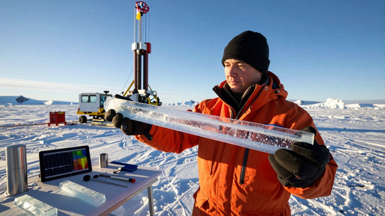 Pesquisador em casaco laranja segura amostra de gelo em campo de neve com equipamento científico ao fundo.