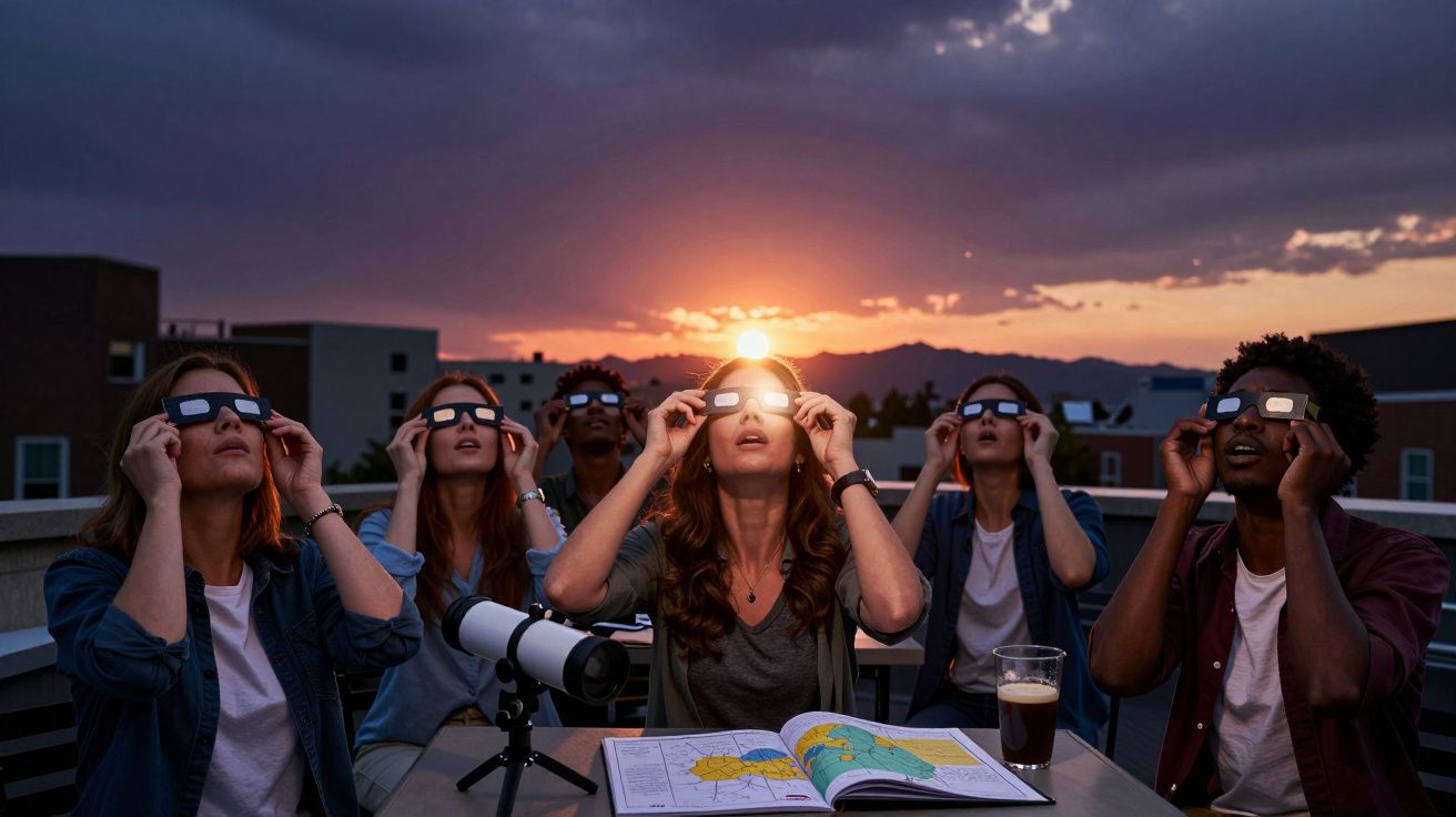 Grupo diverso observa eclipse solar usando óculos especiais ao pôr do sol em área urbana com mapa e telescópio à mesa.