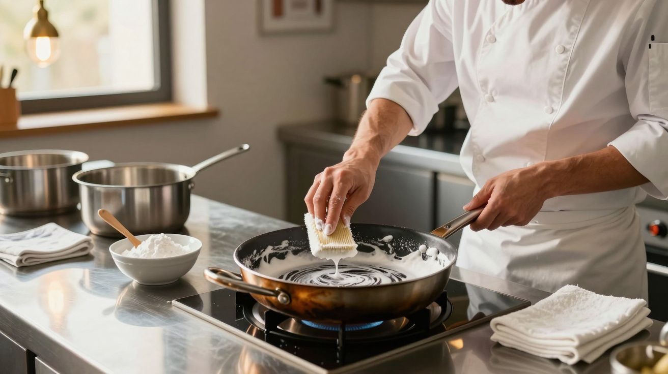 Pessoa de jaleco branco cozinhando com frigideira no fogão, espalhando molho branco com espátula.