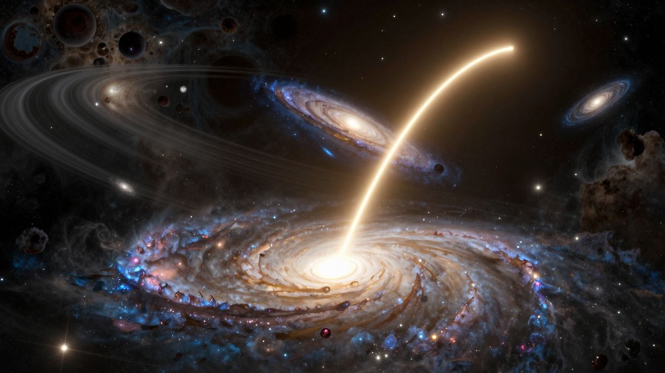 Imagem artística de uma galáxia espiral com feixe de luz brilhante saindo do centro e várias galáxias ao fundo.