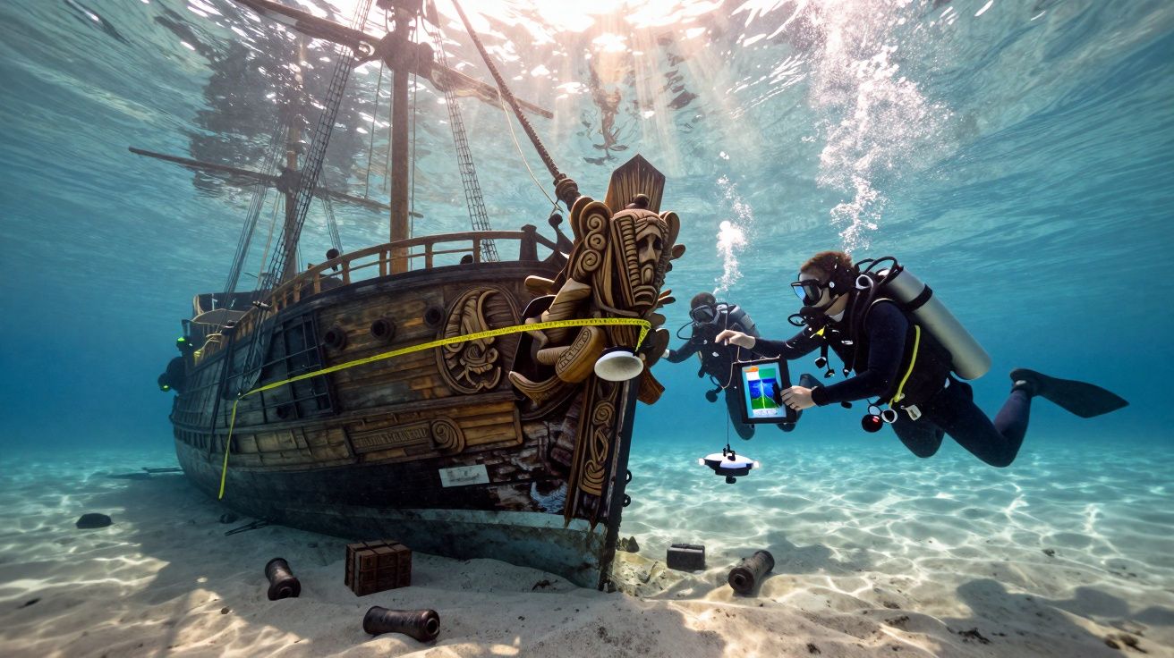 Mergulhadores exploram um navio afundado no fundo do mar com equipamentos de mergulho e tablet subaquático.