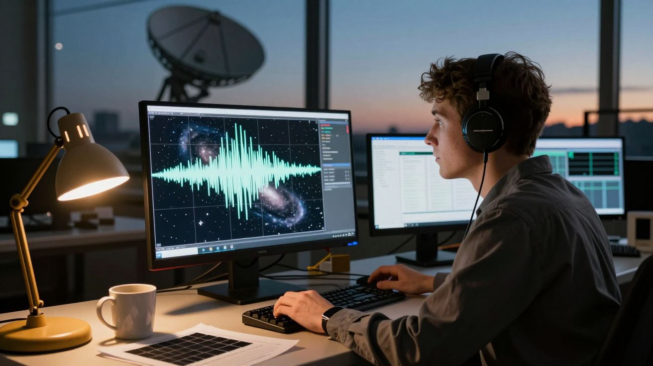 Homem com fones de ouvido analisando gráfico de ondas sonoras em computador durante o pôr do sol.