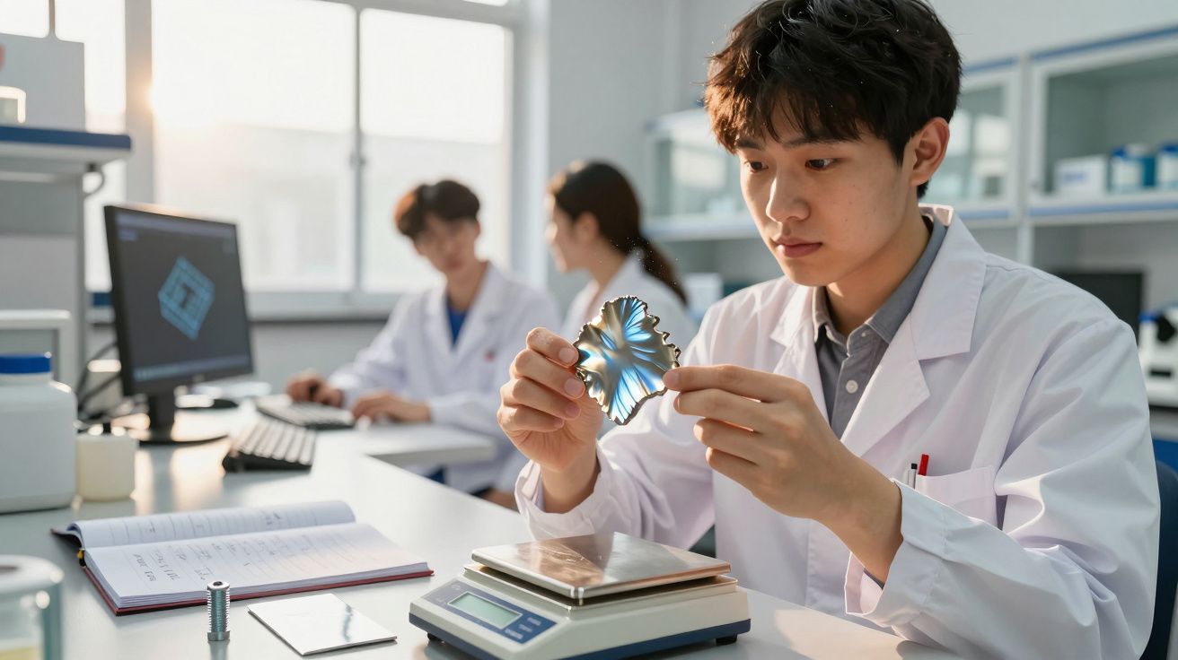 Cientista em laboratório segurando objeto metálico brilhante, analisando, com colegas ao fundo e notebook aberto.