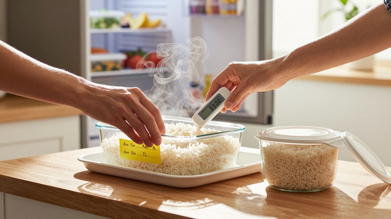 Mãos medem temperatura e tempo do arroz quente em recipiente de vidro na bancada da cozinha.
