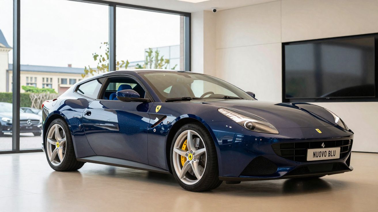 Carro esportivo Ferrari azul escuro em ambiente interno, com rodas prata e freios amarelos.
