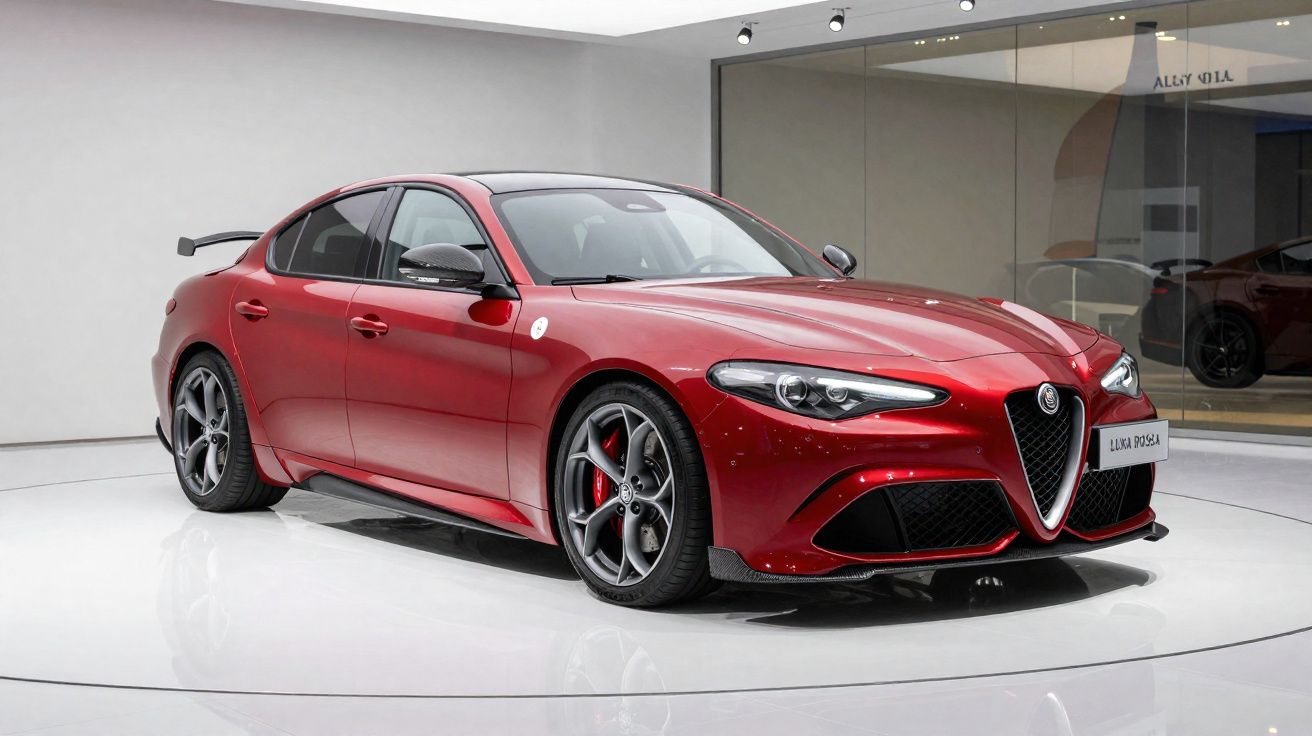 Carro esportivo sedã vermelho Alfa Romeo Giulia Quadrifoglio exposto em sala branca iluminada.