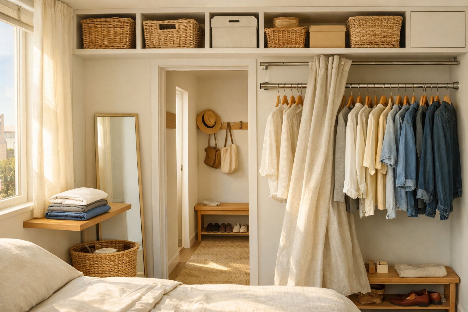 Guarda-roupa aberto com roupas penduradas, cestos de vime, espelho e estante em quarto iluminado.