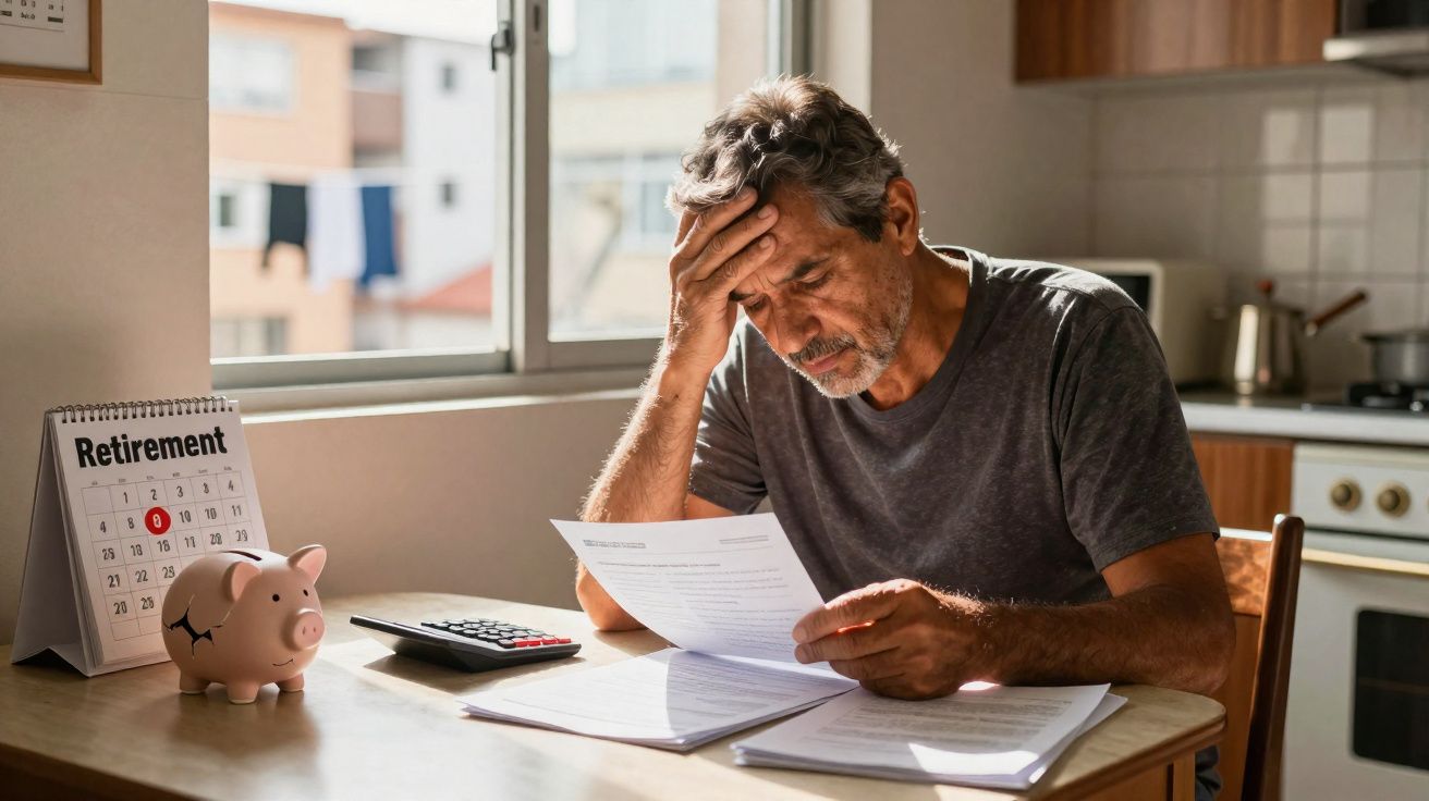 Homem adulto preocupado analisa documentos na cozinha com calendário de aposentadoria, cofrinho e calculadora na mesa.