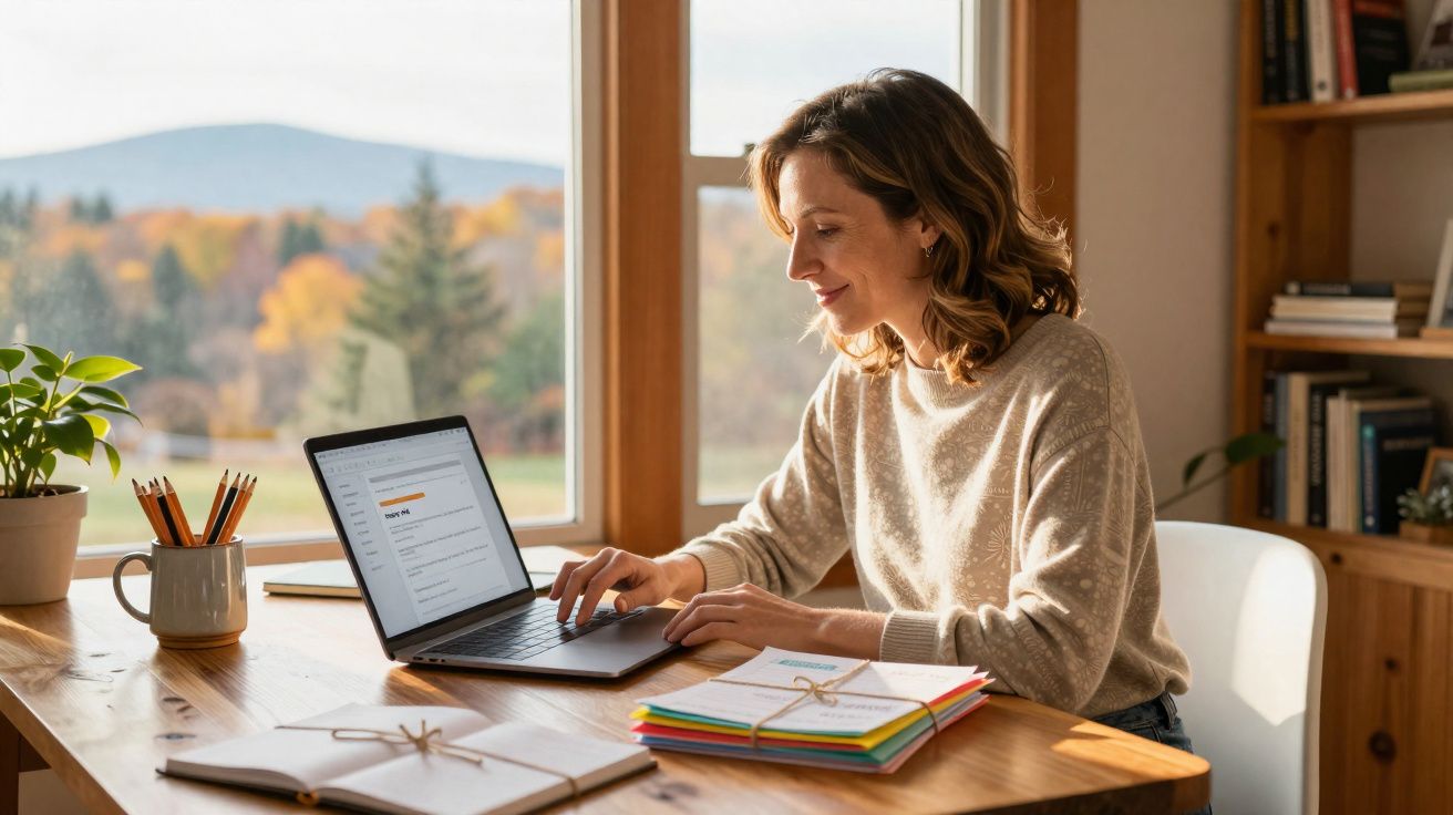 Mulher sorridente trabalhando em laptop próxima à janela com paisagem de outono ao fundo.