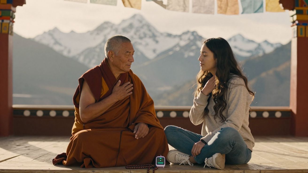Monge budista e jovem sentados de pernas cruzadas em varanda com montanhas ao fundo, praticando meditação.