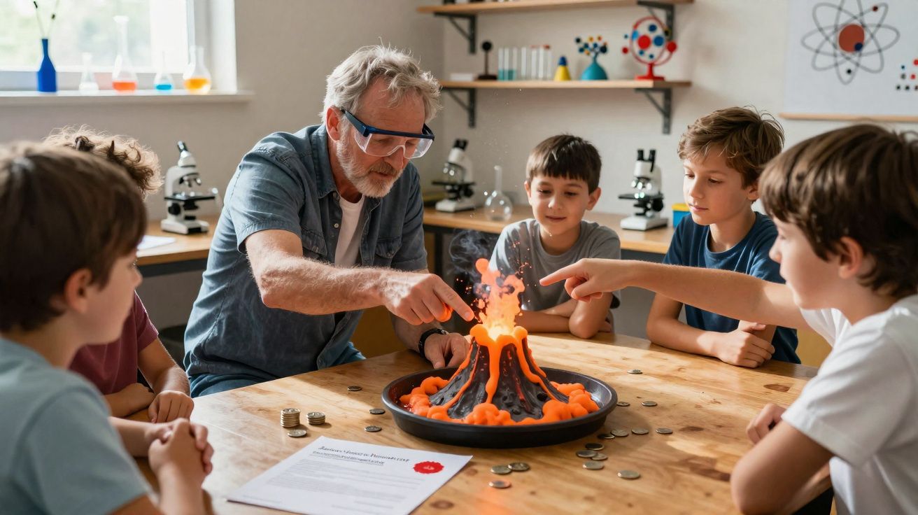 Professor idoso ensina experimento de vulcão em erupção para grupo de crianças em sala de ciências.