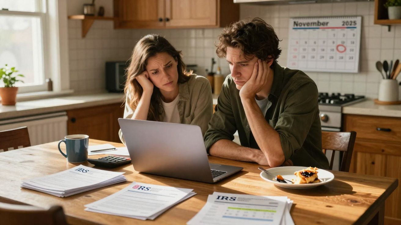 Casal preocupado analisando documentos fiscais e usando laptop em cozinha, com calendário de novembro 2025 ao fundo.