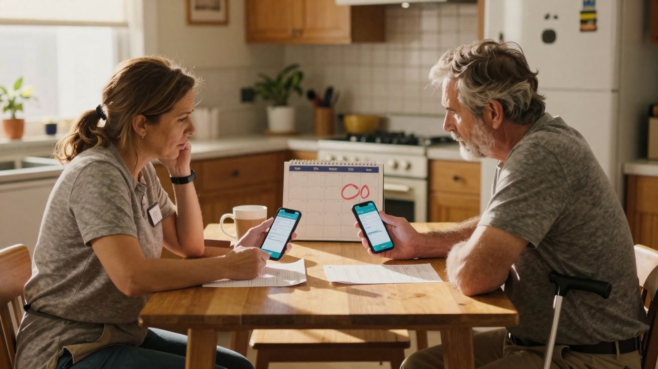 Homem e mulher sentados à mesa da cozinha com celulares e calendário marcando datas importantes.