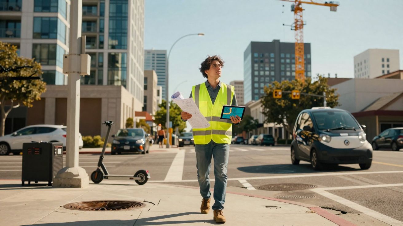 Homem com colete refletivo caminha com plantas de construção e tablet em rua urbana movimentada.