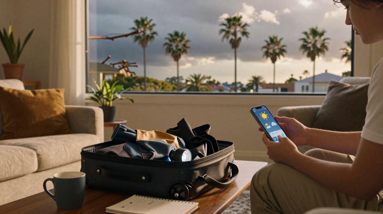Pessoa sentada olhando a previsão do tempo no celular, mala aberta e itens em uma sala com janela e palmeiras.